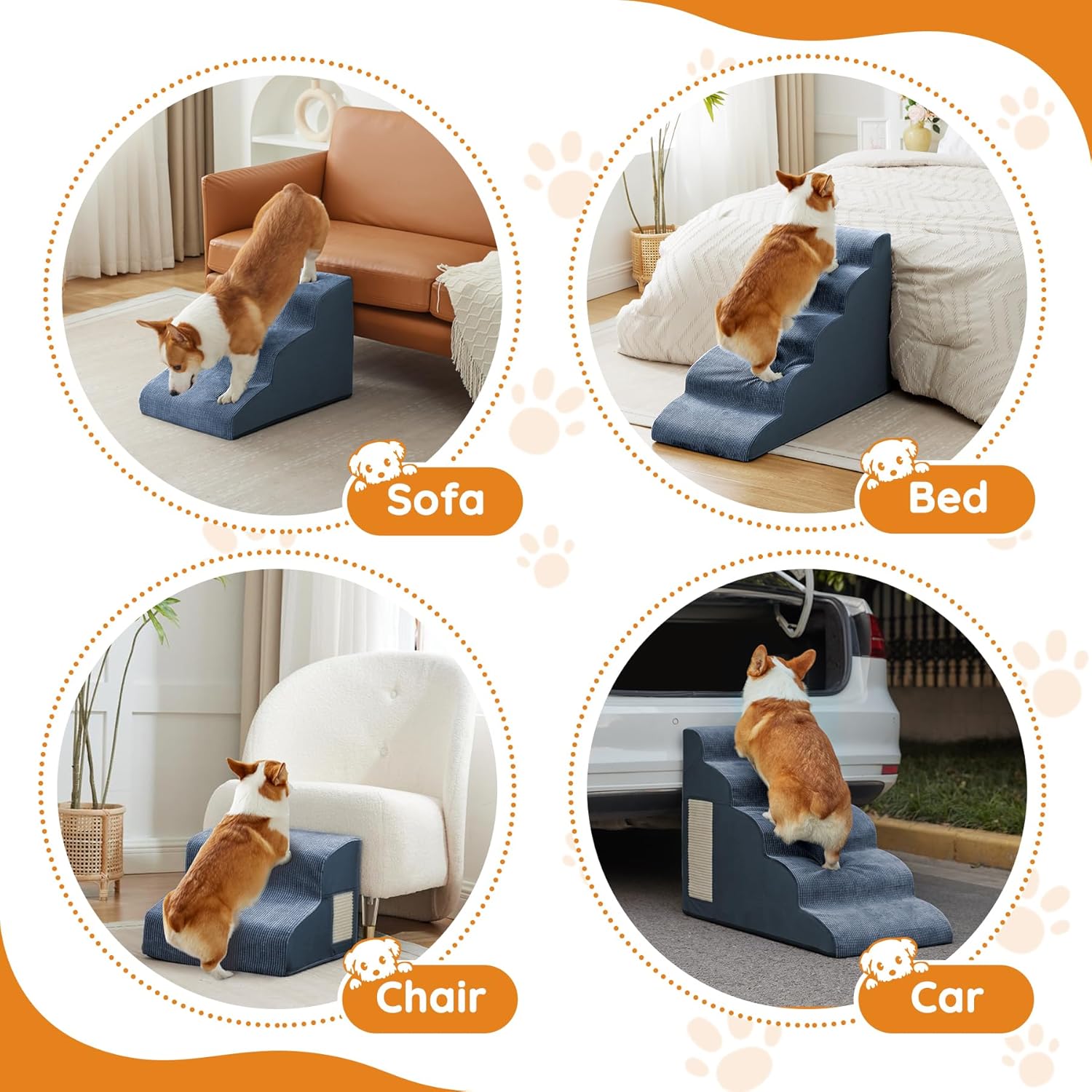 Pet Stairs for Small Dogs - 3-Step Curved Dog Ramp for Bed, Couch, Sofa, Car and Chairs - Non-Slip Bottom Design - High Density Foam Portable Pet Step - Navy