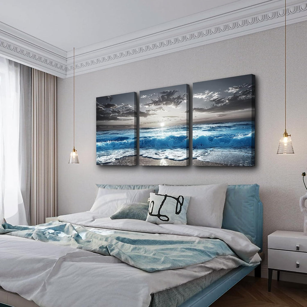 TTHYUEWS Beach Wall Art For Living Room Canvas Wall Decor For Bedroom Office Decorations Blue Sea Wave Paintings Black And White Wall Pictures Artworks Bathroom Canvas Art Modern Home Decor 3 Piece