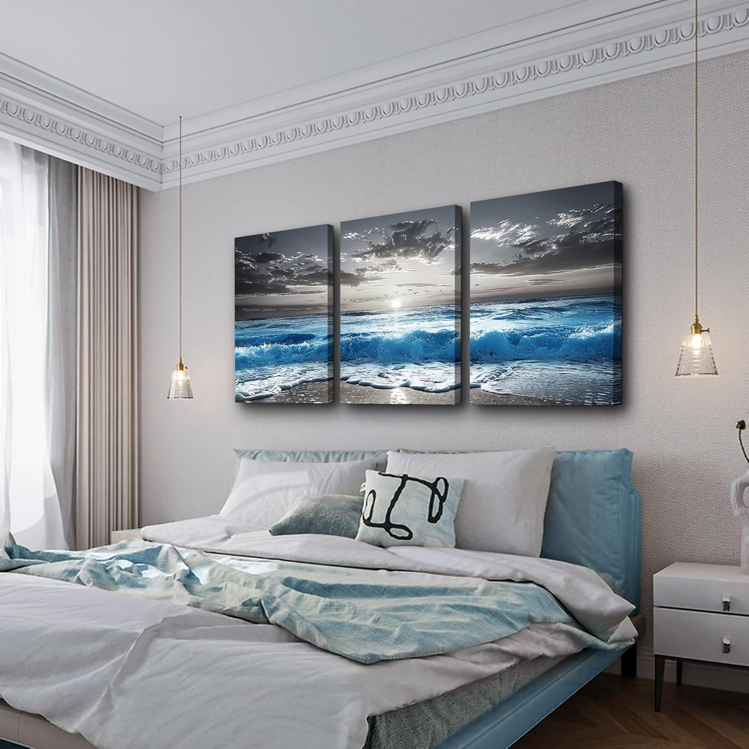 TTHYUEWS Beach Wall Art For Living Room Canvas Wall Decor For Bedroom Office Decorations Blue Sea Wave Paintings Black And White Wall Pictures Artworks Bathroom Canvas Art Modern Home Decor 3 Piece