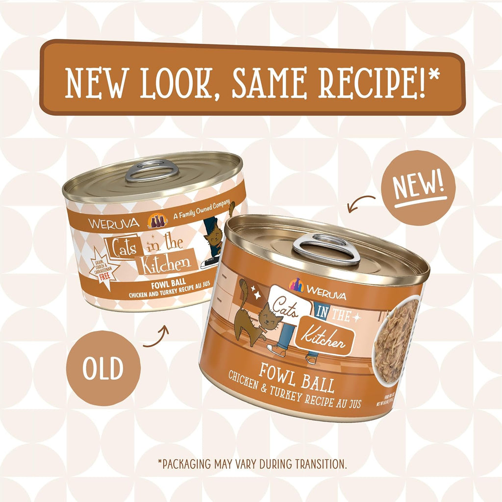 Weruva Cats in The Kitchen, Fowl Ball with Chicken & Turkey Au Jus Cat Food, 6oz Can (Pack of 24)