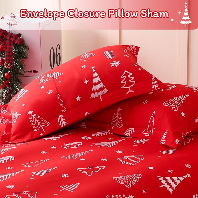 JSD Red Christmas Tree Kids Duvet Cover Set Full Size, 3 Piece Xmas Comforter Cover with Pillow Sham Zipper Closure, Comforter Not Included