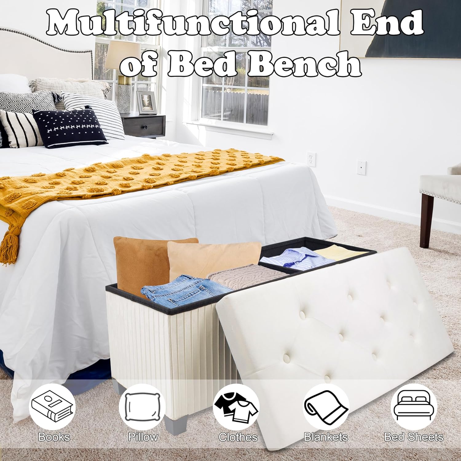 Storage Ottoman Bench, 43 Inch Foldable Ottoman with Legs, Velvet Foot Rest Stool, End of Bed Bench, Storage Chest for Living Room, Bedroom (Beige)
