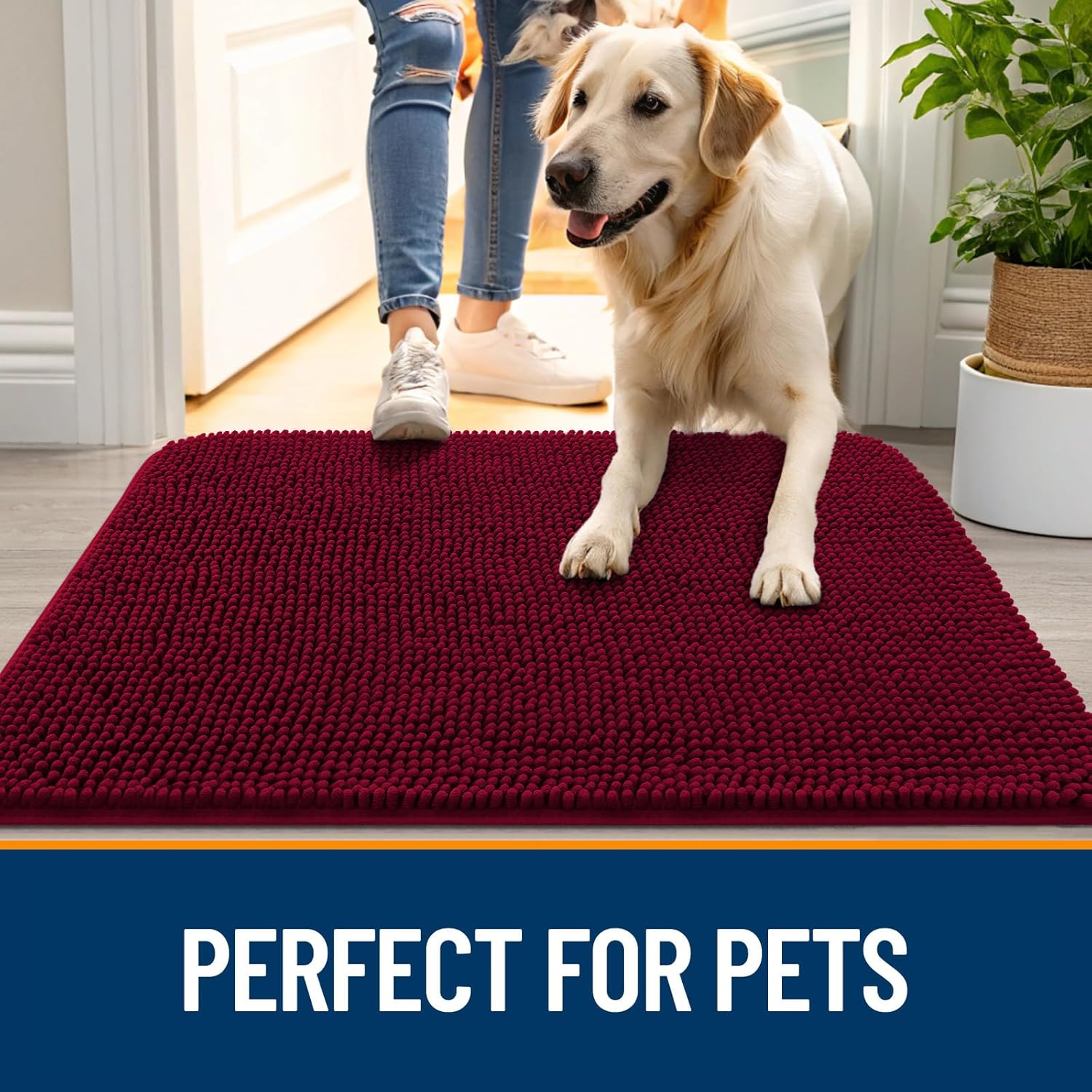 OLANLY Dog Door Mat for Muddy Paws 40x24, Absorbs Moisture and Dirt, Absorbent Non-Slip Washable Doormat, Quick Dry Chenille Mud Mat for Dogs, Entry Indoor Entryway Carpet for Inside Floor, Burgundy