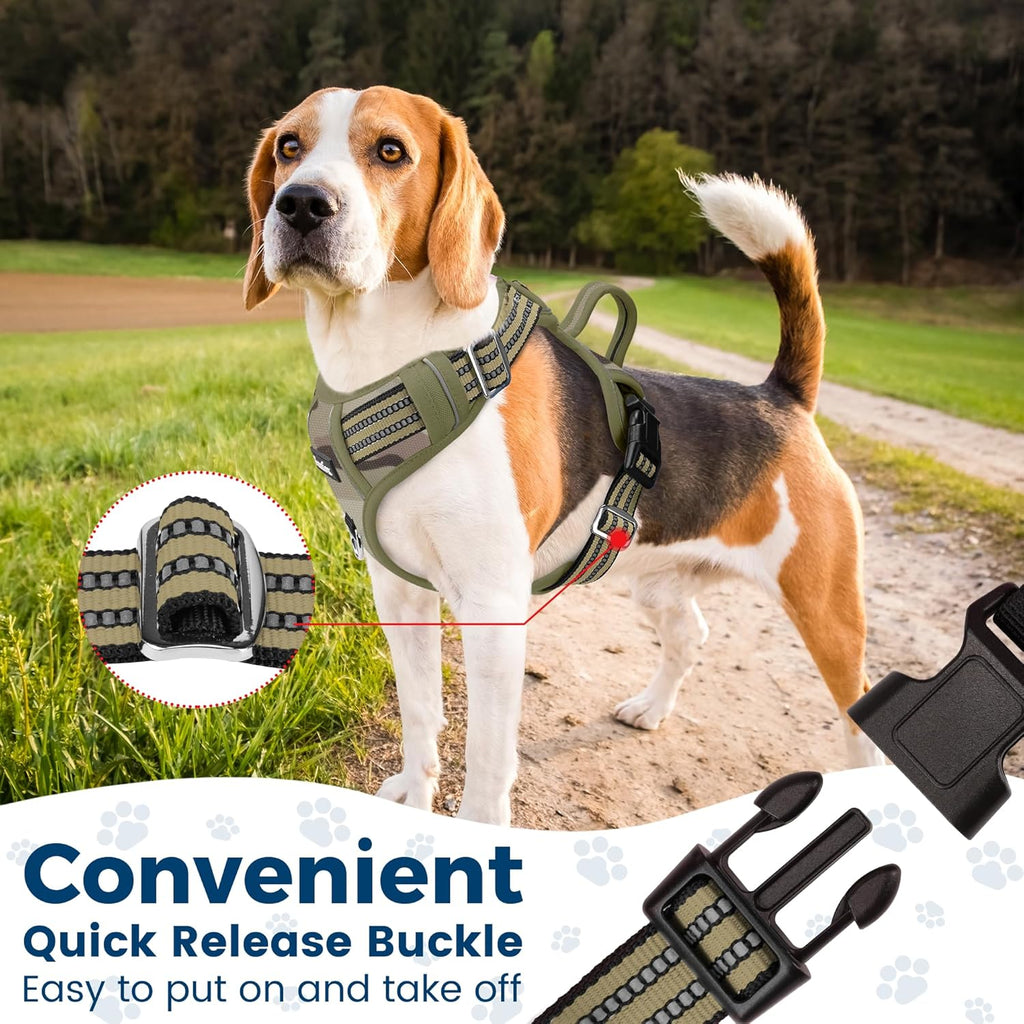 Funfox Dog Harness No Pull, Adjustable Pet Vest Harness, Super Soft Material with Vertical Handle Easy Control, Reflective Night Walking, 2 Leash Clips for XLarge Dogs, Camo Green, XL