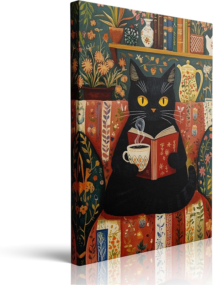 Funny Cute Black Cat Picture Wall Decor Framed Animal Reading Book Drinking Coffee Vintage Canvas Wall Art Rustic Flower Prints Poster Retro Floral Painting for Living Room Bathroom Bedroom (12"x16")