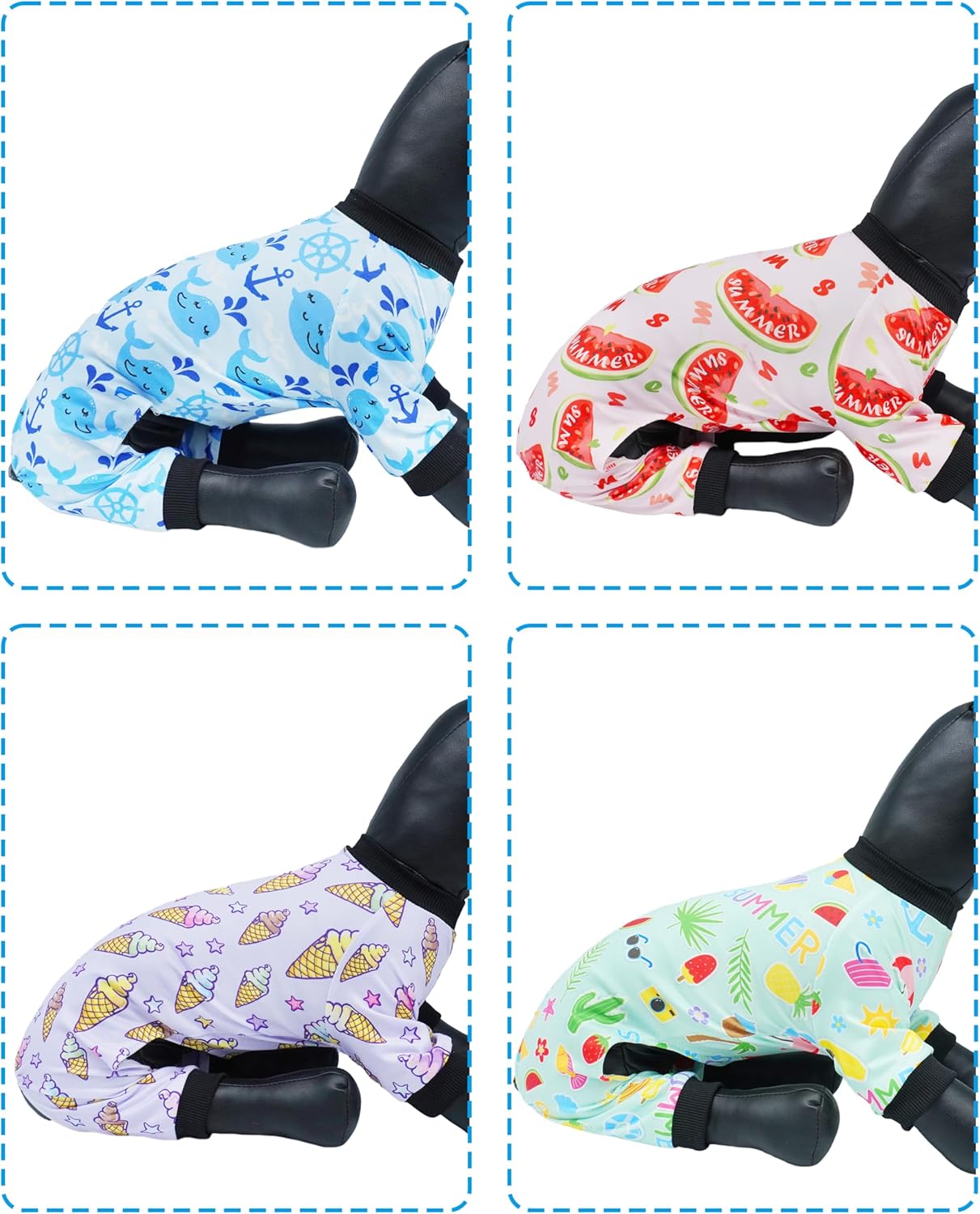 PET SHOW 4 Pack Small Dog Pajamas Watermelon Doggies Soft Stretchy PJs Whale Ice Cream Jumpsuit Puppy Cats Girl Boy Floral Onesies Outfits with Sleeve Pets Breathable Summer Dog Clothes Costume S