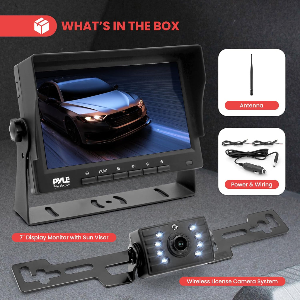 Pyle 7” 1080P HD Digital Wireless Monitor and Wireless License Plate Camera - Waterproof, Night Vision, Single Channel Visual Assistance Kit (12/24V for Bus, Truck, Trailer, Van, RV, Camper)