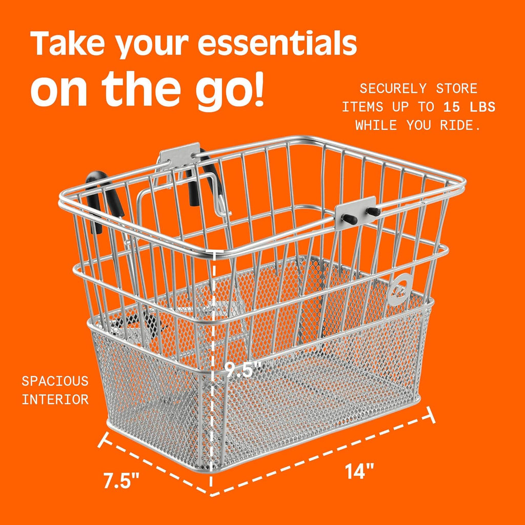 Retrospec Apollo Detachable Front Bike Basket Steel Half-Mesh with Integrated Detachable Hooks and Built-In Handle, Easy Assembly and Portability for Bicycles