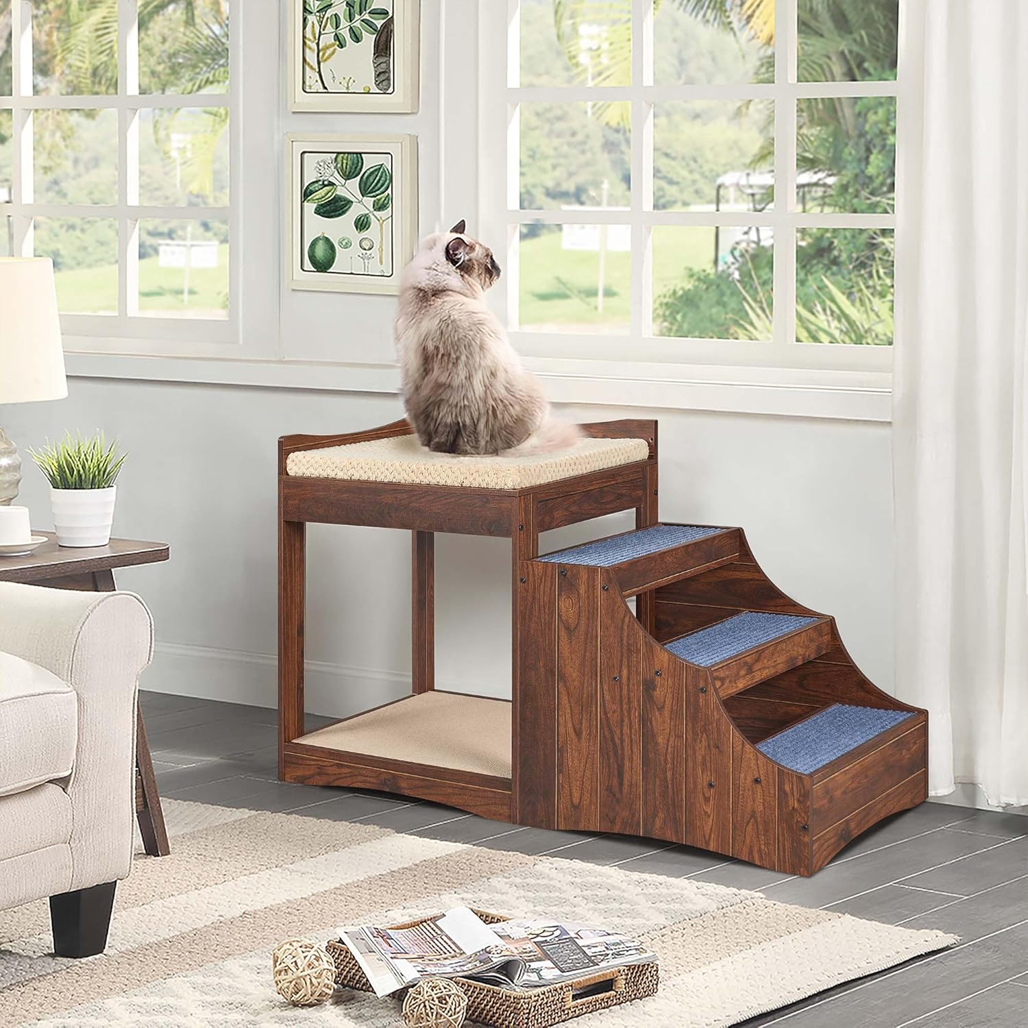 unipaws Pet Bunk Bed with Removable Step for Dogs and Cats, Multi-Level Bed Window Perch Seat Platform with Cushion and Cat Scratch Pad, Indoor Use