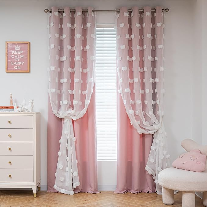 MYSKY HOME Pink Curtains for Bedroom 90 Inches Long Living Room Curtain with Pom Pom Sheer for Dining Room Grommet Double Layer Nursery Curtain Drapes Toddler Room Darkening Window Panels 52 x 90 in