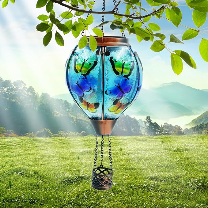 Glass Solar Hot Air Balloon Lantern with Flame Hanging Garden Flickering Light Outdoor Waterproof for Yard Patio Tree Mother's Day Gift, Butterfly