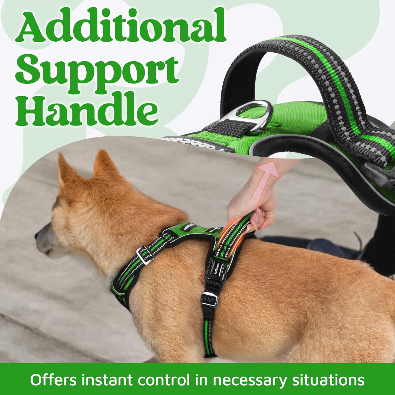 rabbitgoo Dog Harness Small Sized, No Pull Dog Vest with 3 Buckles, Adjustable Soft Padded Pet Harness with Easy Control Handle and Reflective Strips, Green, S