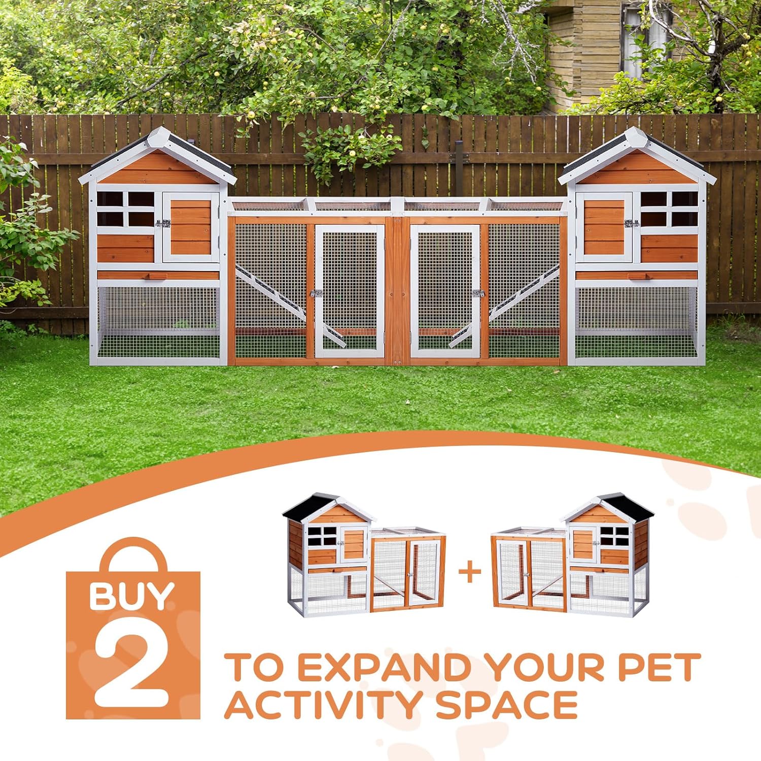 Outvita Rabbit Hutch, Small Wood Chicken Coop, 48" Guinea Pig Cage w/Pull-Out Tray, Waterproof Asphalt Roof, Chicken Run, Interactive Door for Small Animal Pen Outdoor