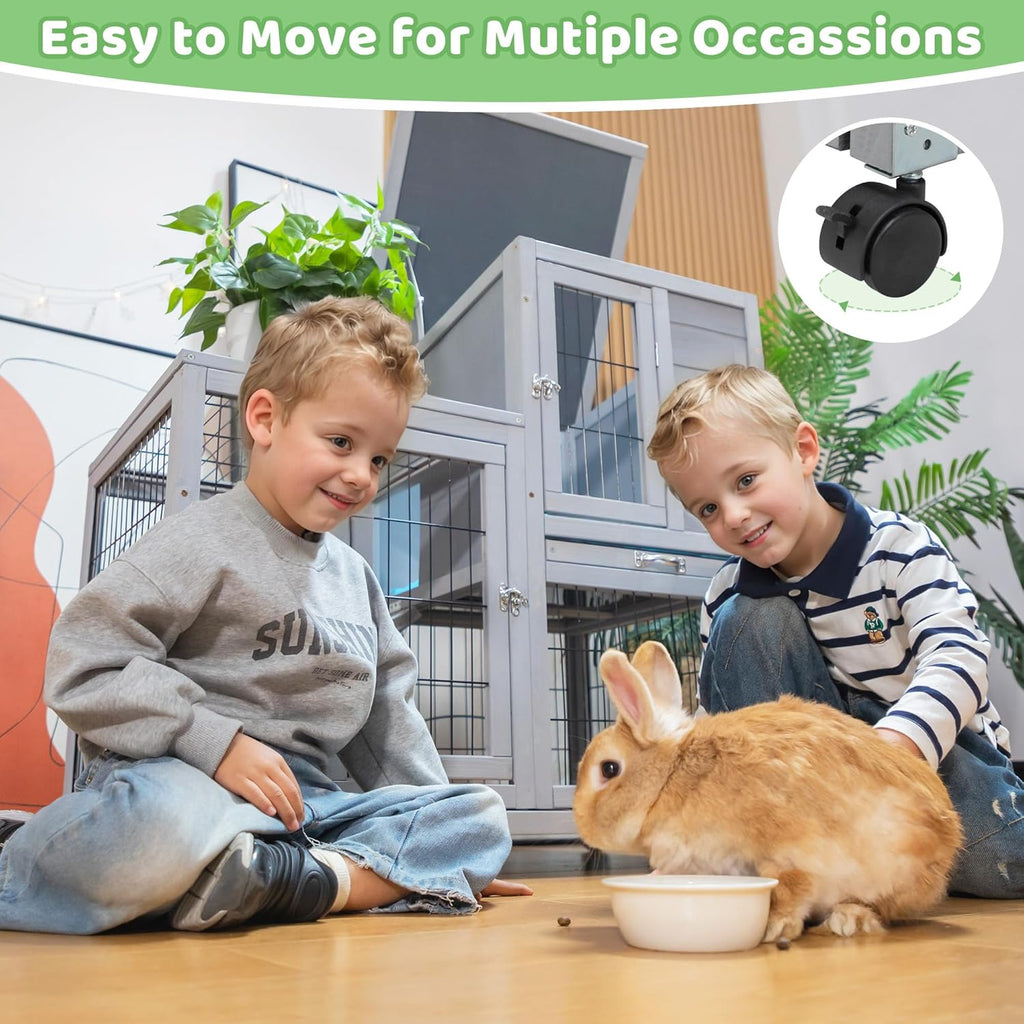 Rabbit Hutch Indoor Outdoor Bunny Cage 39" L Large 2-Story Wooden Small Animal House Enclosure with Wheels, 2 Removable Trays, Waterproof Openable Roof, Grey