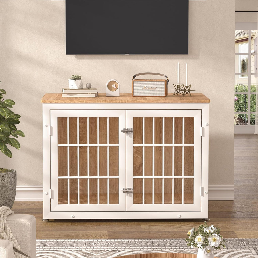 38" Heavy Duty Dog Crate Furniture for Large and Medium Dogs,Wooden Metal Kennel for High Anxiety Dogs, Chew Proof Pet Cage Indoor, Decorative Dog Kennel End Table, White