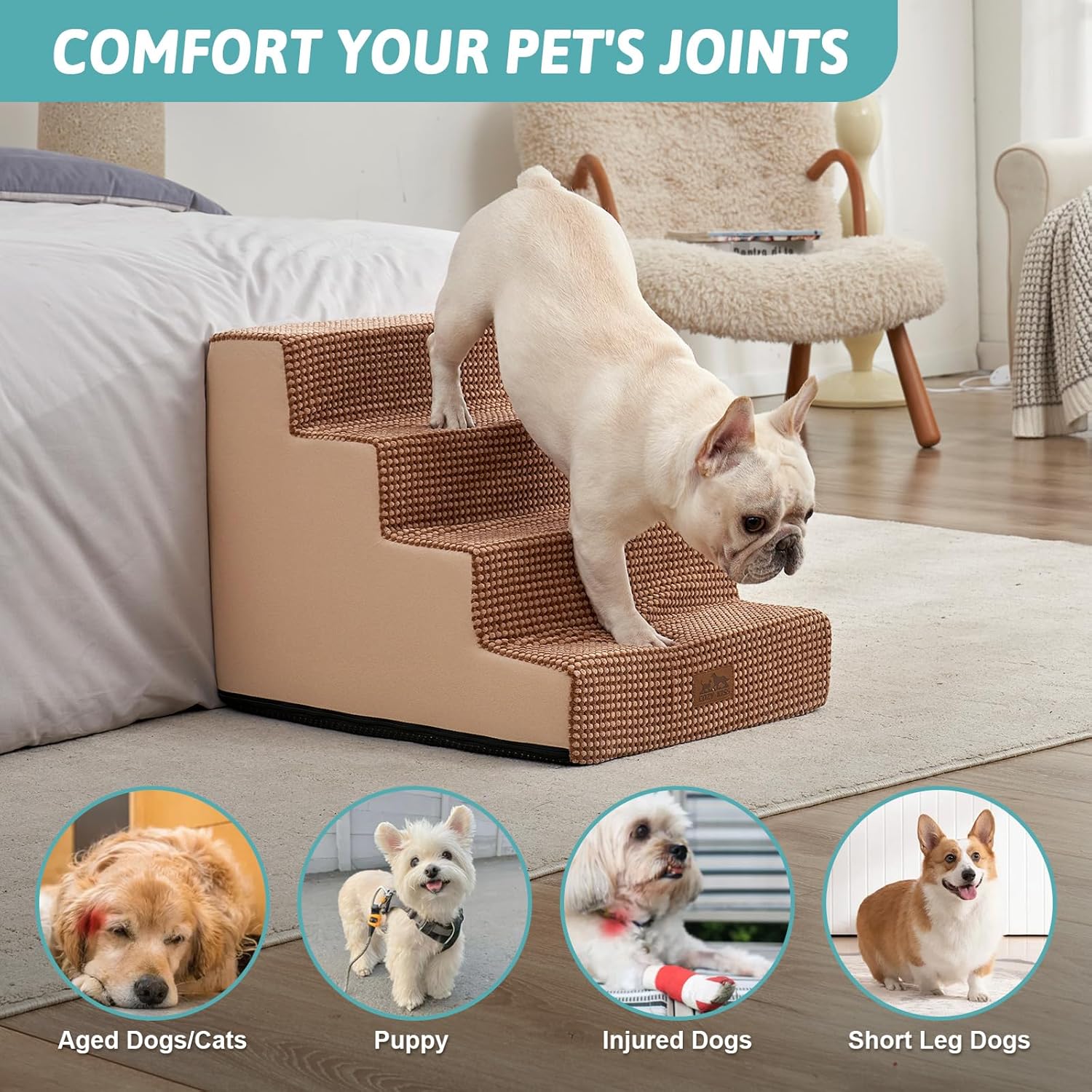 Dog Stairs for Small Dogs, 4 Tier Wider Pet Stairs for Couch and Beds, 17.7" H Non-Slip Dog Steps for Old Cats, Puppy, Small Medium Dogs, 17.7x23.6x17.7 inch, Light Brown