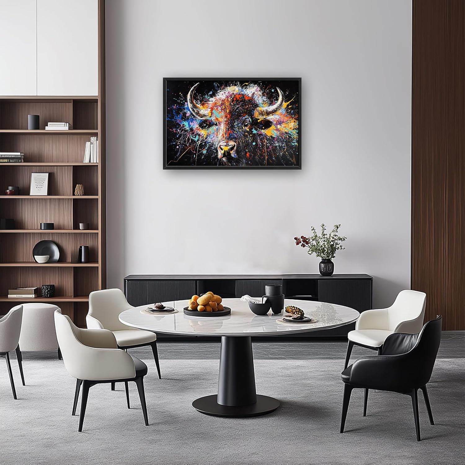 Framed Large Bison Buffalo Wall Art for Living Room, Oversized Graffiti Yak Cow Wall Decor Banksy Bull Canvas Painting Animal Pictures Modern Artwork for Living Room Bedroom Office 36"x24"