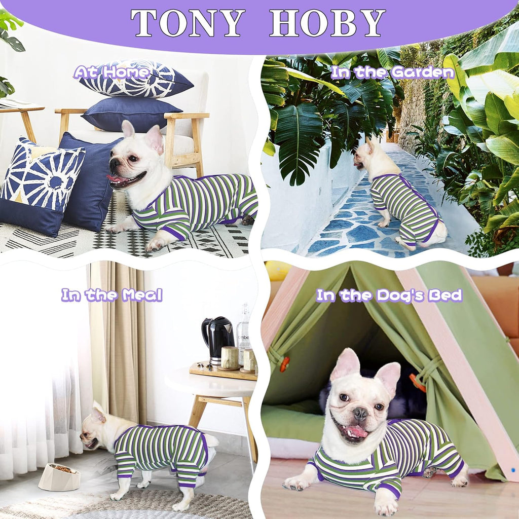 TONY HOBY Dog Pajamas, Knitted Dog Jumpsuit Shirt in Cold Weather, Dogs Surgical Recovery Suit for Small Medium Dogs (Purple&Green, Boy, S)