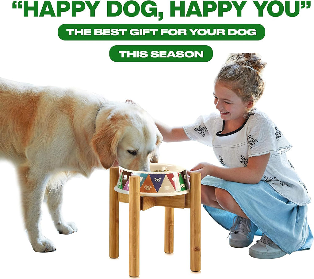 Dog Bowl Stand for Large Breed - 14-inch High, Adjustable Sideways to Fit Various Sizes of Pet Food/Water Bowls, Slow Feeders, and Drink Fountains - Bamboo