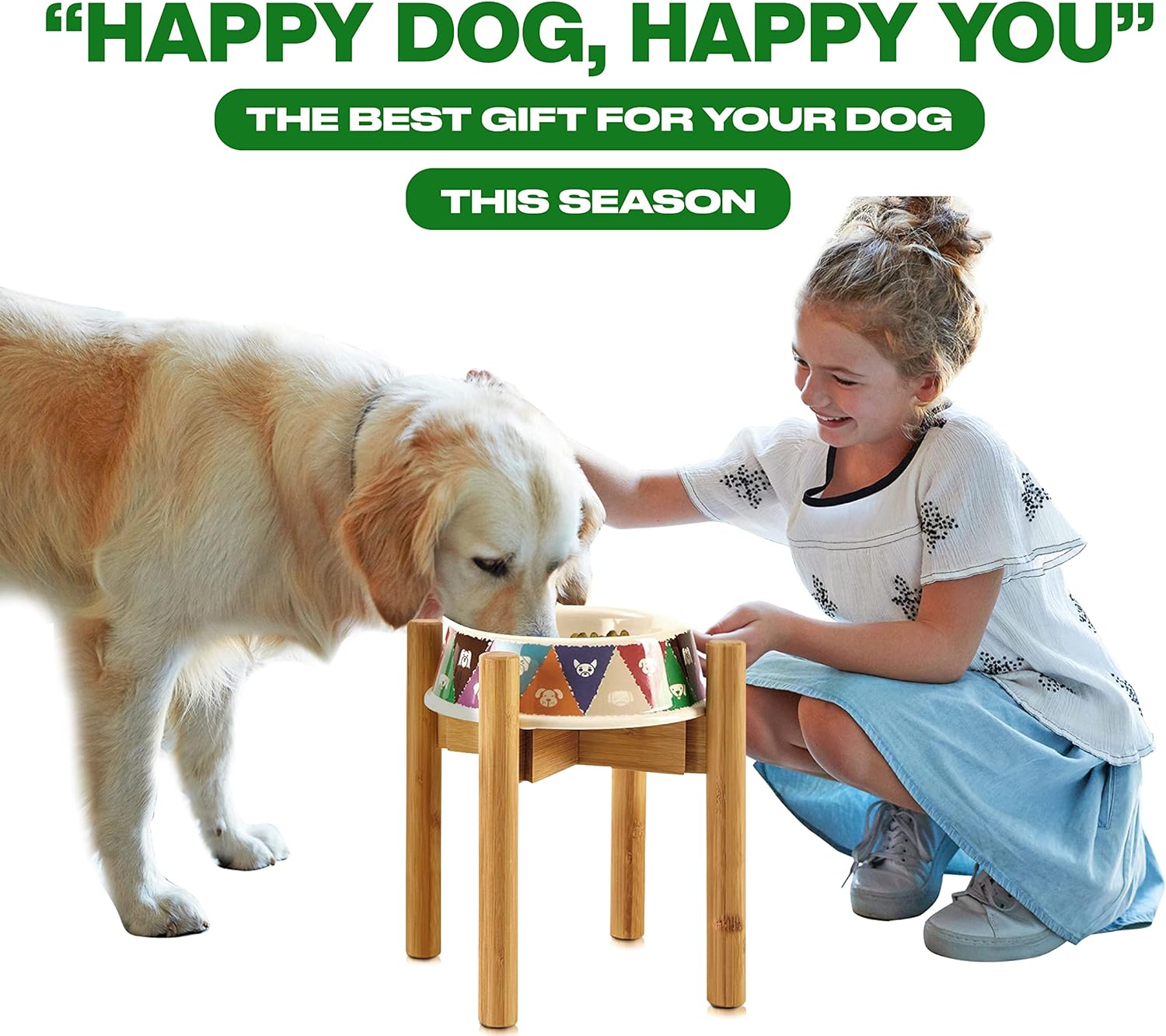 Dog Bowl Stand for Large Dogs - Raises Feeders and Bowls to 12-inch High, Expandable Sideways, Compatible to Various Sizes of Slow Feeders, Water Dishes and Fountains - Bamboo