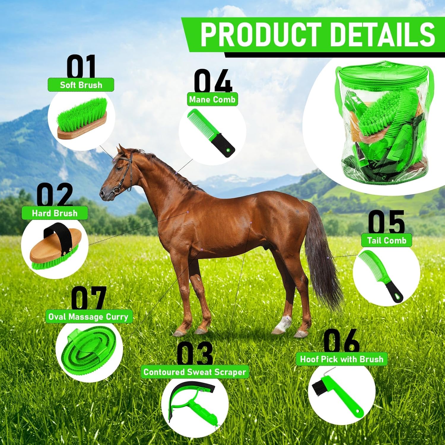 9 Pieces Horse Grooming Kit Tack Room Supplies Set with Organizer Tote Bag, Oval Massage Curry, Hard and Soft Brush, Hoof Pick, Sweat Scraper, Bathing Sponge, Combs for Horse Riders Beginners (Green)