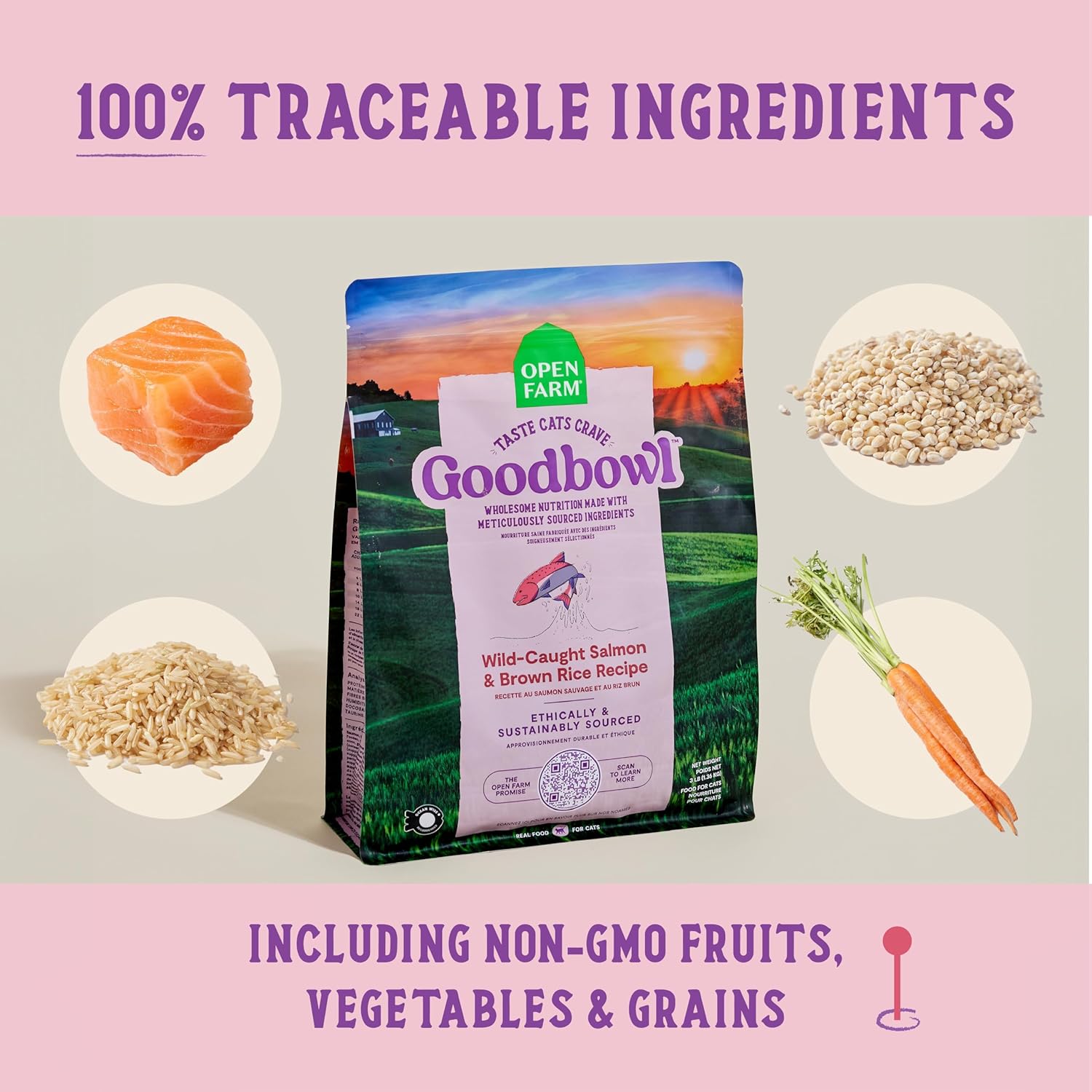 Open Farm Goodbowl, Protein Rich Dry Cat Food Made from Meticulously Sourced Simple Ingredients, Wild-Caught Salmon & Brown Rice Recipe, 3lb Bag (48oz Bag)