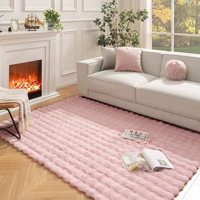 Ashler Faux Rabbit Fur Area Rug, Pink 5x7 FT Fluffy Soft Rectangle Fuzzy Carpet for Living Room, Bedroom, Machine Washable Shaggy Nursery Rug - 3D Bubble Rug