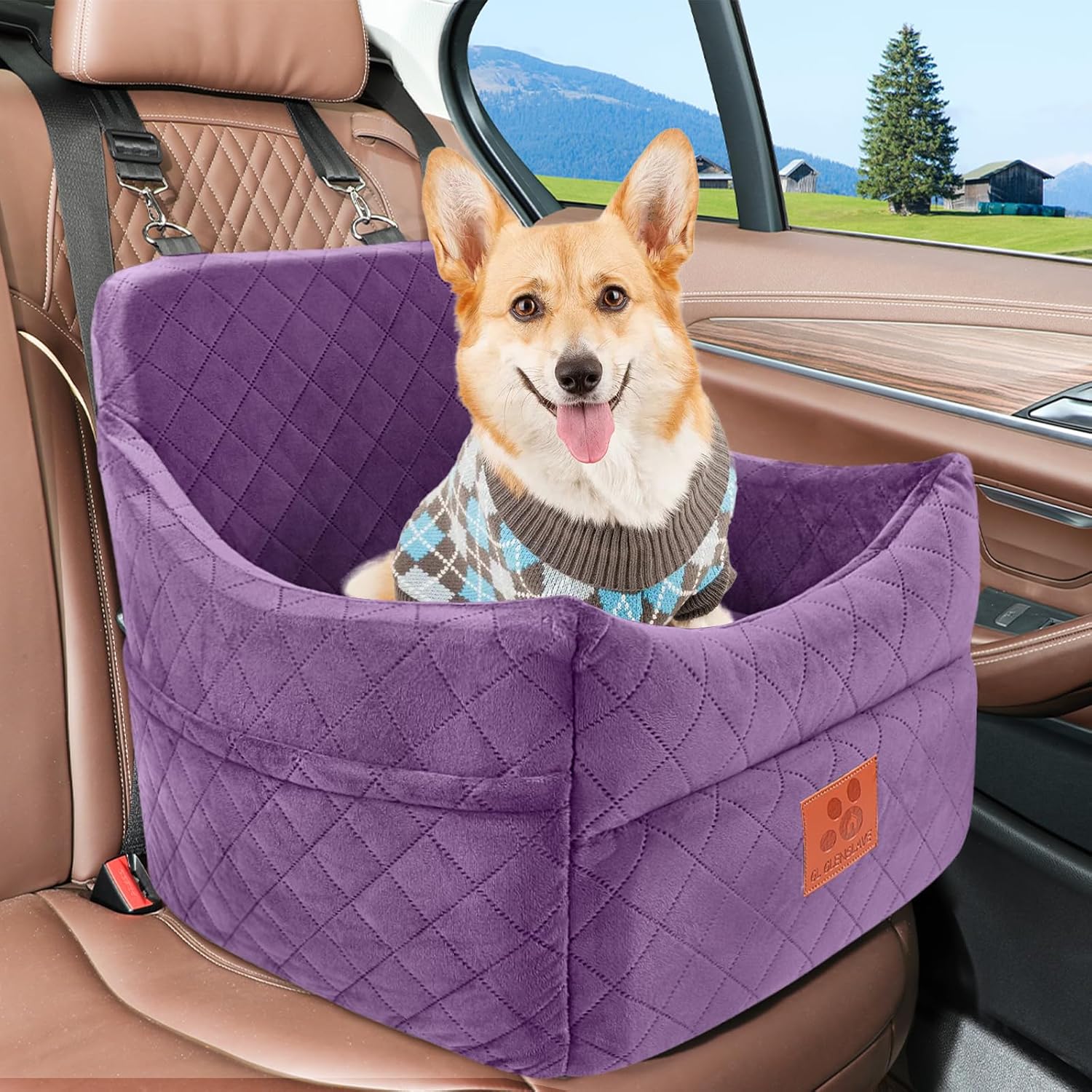 Dog Car Seat for Small/Medium Dogs, Dog Booster Car Seats with Thick Cushion for Dogs Under 35lbs, Detachable Washable Pet Carseat with Storage Pockets, 2 Safety Belts(Purple)
