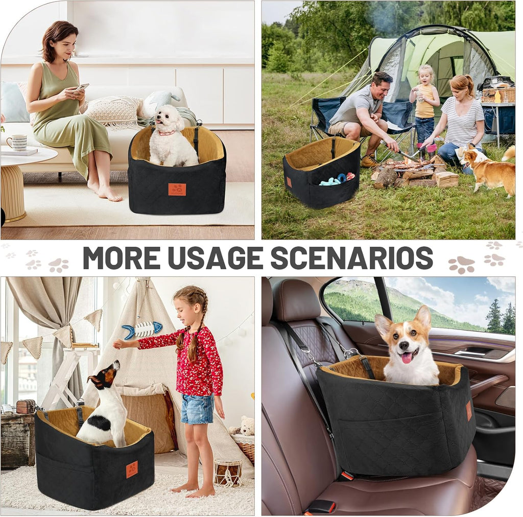 Dog Car Seat for Small Medium Dogs, Memory Foam Booster Car Seat for Dogs up to 35 lbs, Elevated Pet Car Seat, Travel Bed with Washable Removable Cover and Storage Pockets (Black/Coffee)