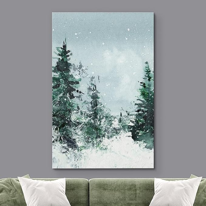 SIGNWIN Canvas Print Wall Art Woodland Nursery Decor Winter Snow Watercolor Pine Tree Forest Nature Illustrations Modern Art Decorative Landscape Colorful for Living Room, Bedroom, Office - 12"x18"