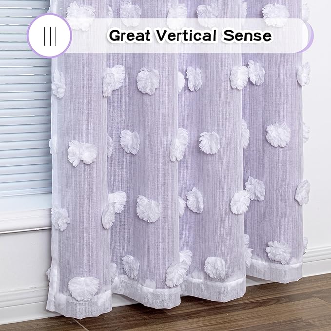 MYSKY HOME Lilac Curtains for Girls Bedroom Kids Curtain 54 Inches Length White Pom Pom Sheer Small Window Curtains 2 Panels Double Layer Curtains Grommet Room Darkening Nursery Curtains, W52 X L54