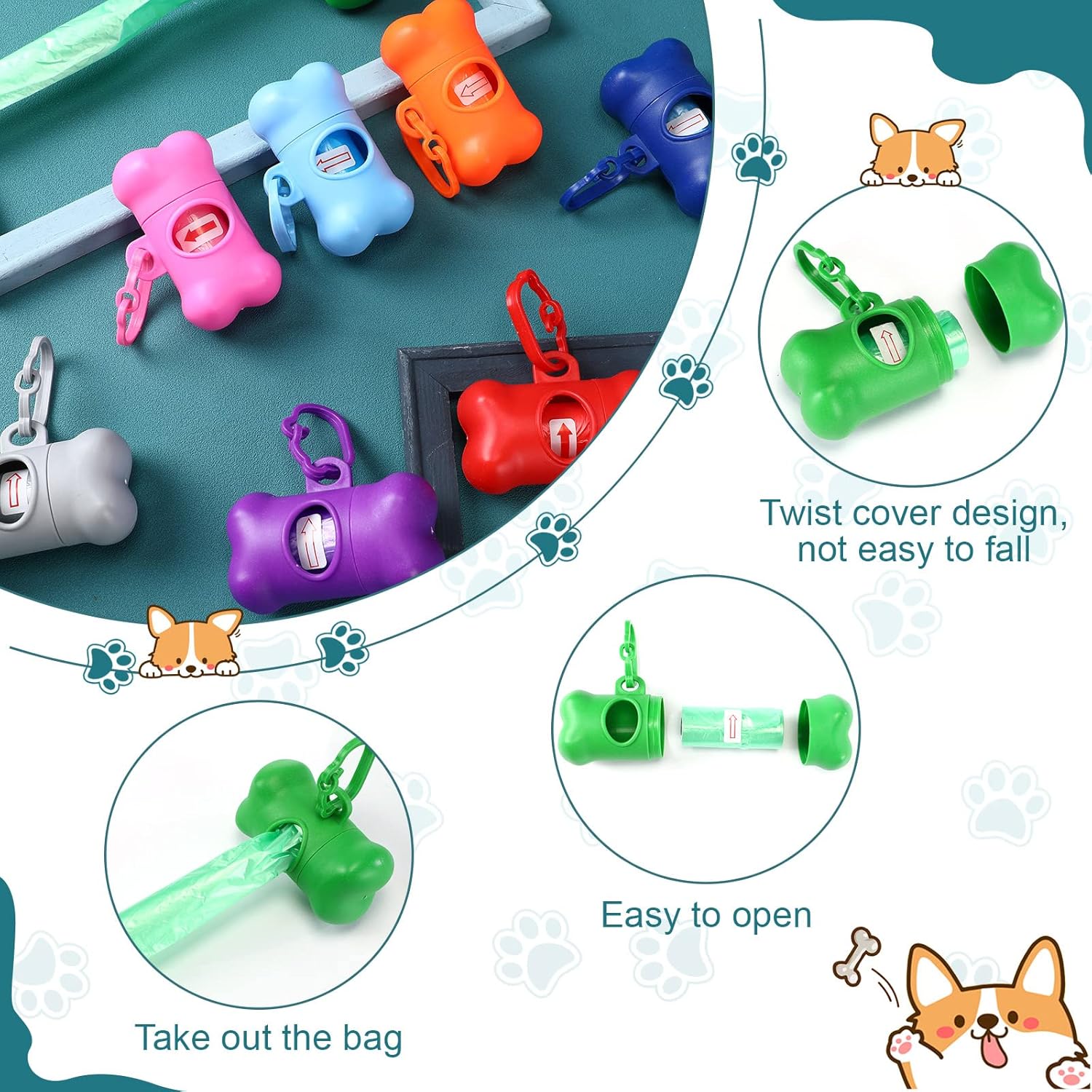 Zhehao 120 Pcs Bone Shaped Dog Poop Bag Dispensers with Disposal Small Dog Waste Bag Holder with Hook for Pet Puppy Walking Hiking Camping, 8 Colors