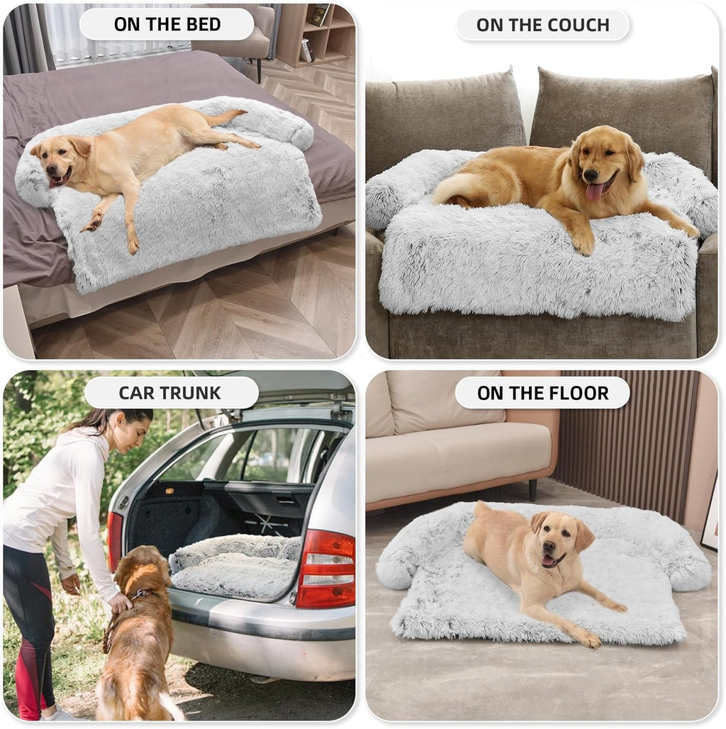 GGIB Calming Dog Bed Fluffy Plush Dog Mat for Furniture Protector with Removable Washable Cover for Large Medium Small Dogs and Cats (Extra Extra Large, Light Grey)