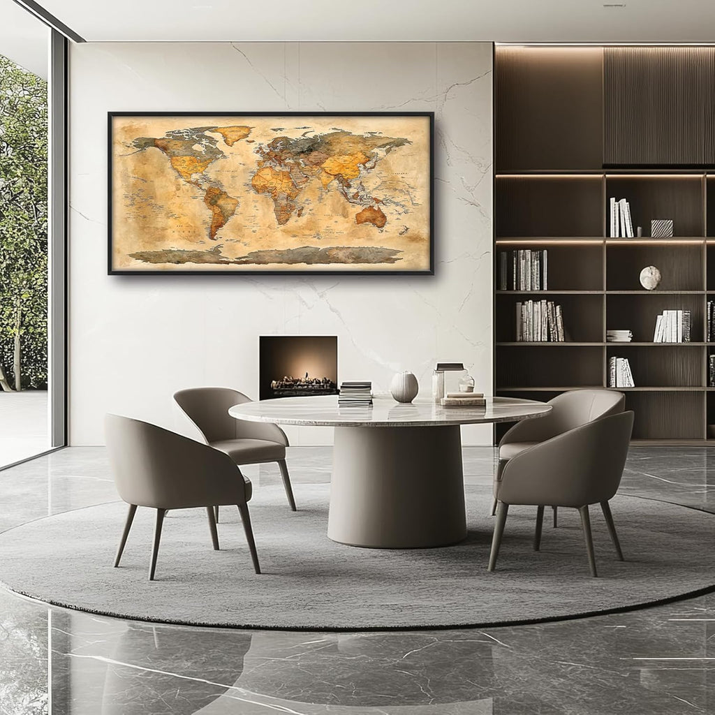 Extra Large World Map Framed Wall Art for Living Room,Oversized Vintage Map of The World Pictures Wall Decor,Canvas Print Painting Modern Artwork Bedroom Office Bathroom 60L" x 30W"