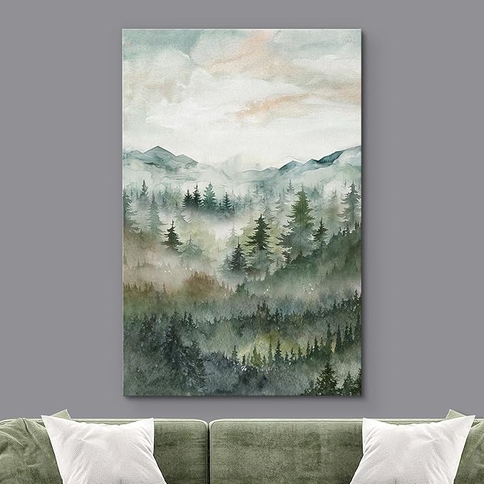 SIGNWIN Canvas Print Wall Art Misty Forest Landscape Watercolor Serene Mountain Pine Trees in Fog Illustrations Modern Art Decorative Landscape for Living Room, Bedroom, Office - 32"x48"