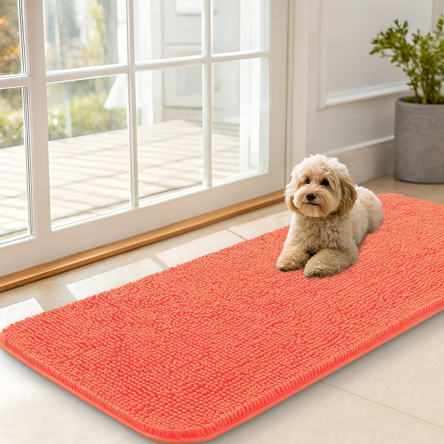 OLANLY Dog Door Mat for Muddy Paws 47x20, Absorbs Moisture and Dirt, Absorbent Non-Slip Washable Doormat, Quick Dry Chenille Mud Mat for Dogs, Entry Indoor Entryway Carpet for Inside Floor, Coral
