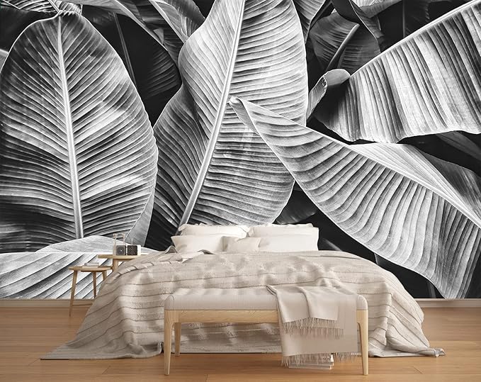 Grey Leaf Wallpaper Tropical Banana Leaves Wall Mural Wallpaper for Bedroom Living Room TV Background Wall Covering(Not Peel n' Stick)