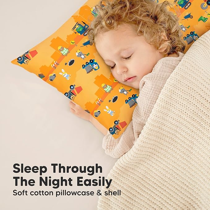 Toddler Pillow with Pillowcase - 13x18 My Little Dreamy Kids Travel Bed Pillows for Sleeping,Organic Cotton Small Pillowcase,Soft & Breathable,Machine Washable,Toddlers 2-5 Years Old (Little Builders)