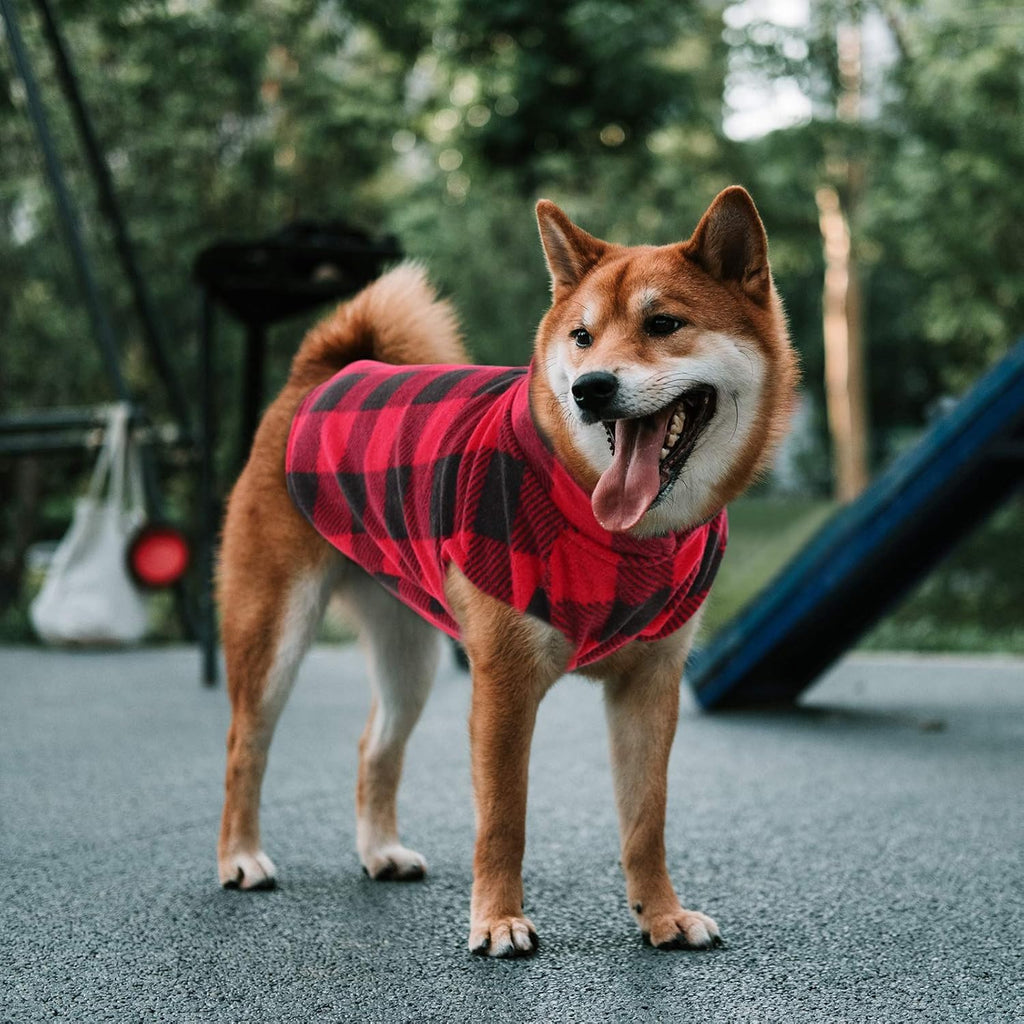ASENKU Dog Sweater, Plaid Dogs Fleece Vest, Soft Comfortable Pet Pajamas, Warm Winter Puppy Shirt, Cold Weather Coat Jacket Pet Clothes for Small & Medium Dog Breeds, Red, L