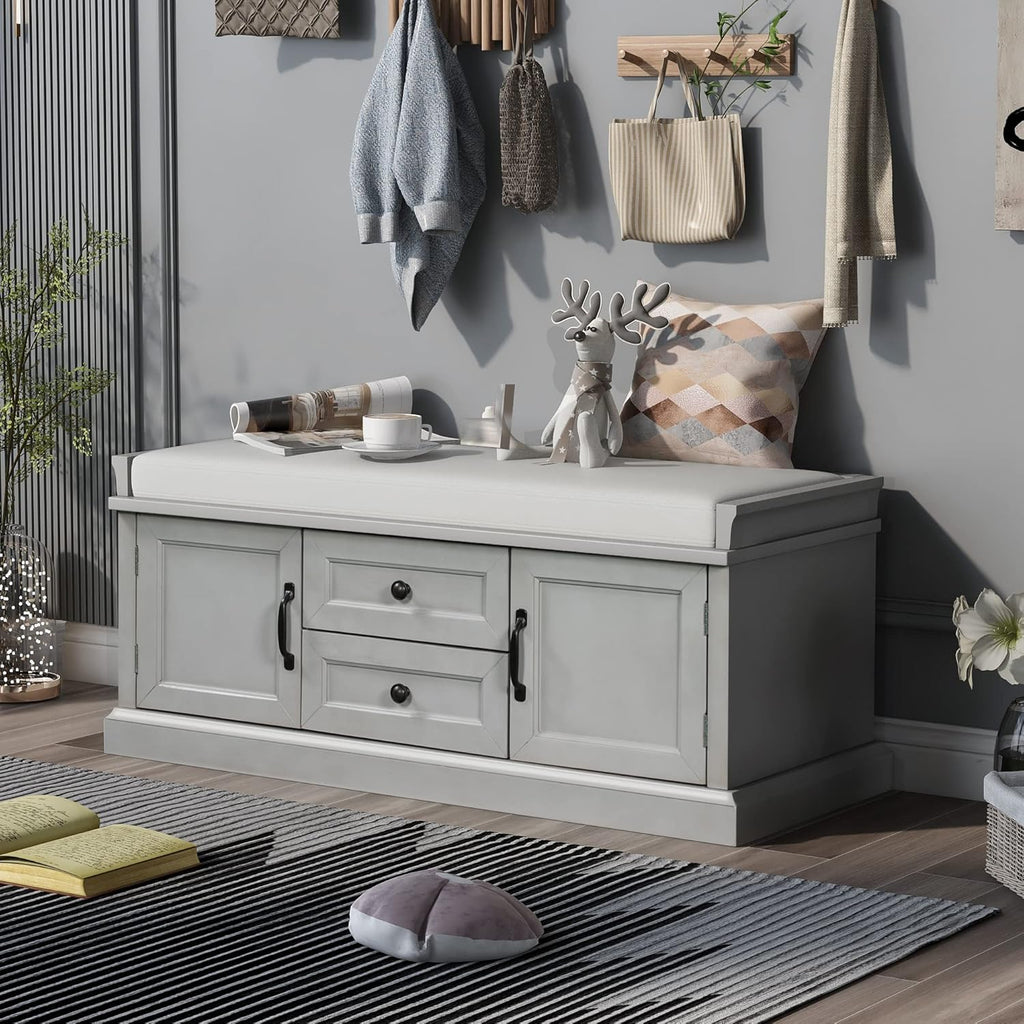 Shoe Storage Bench with 2 Drawers and 2 Cabinets, Pine Wood Shoe Bench with Removable Cushion for Living Room, Entryway 42.5" L x 15.9" W x 17.5" H (Gray Wash)