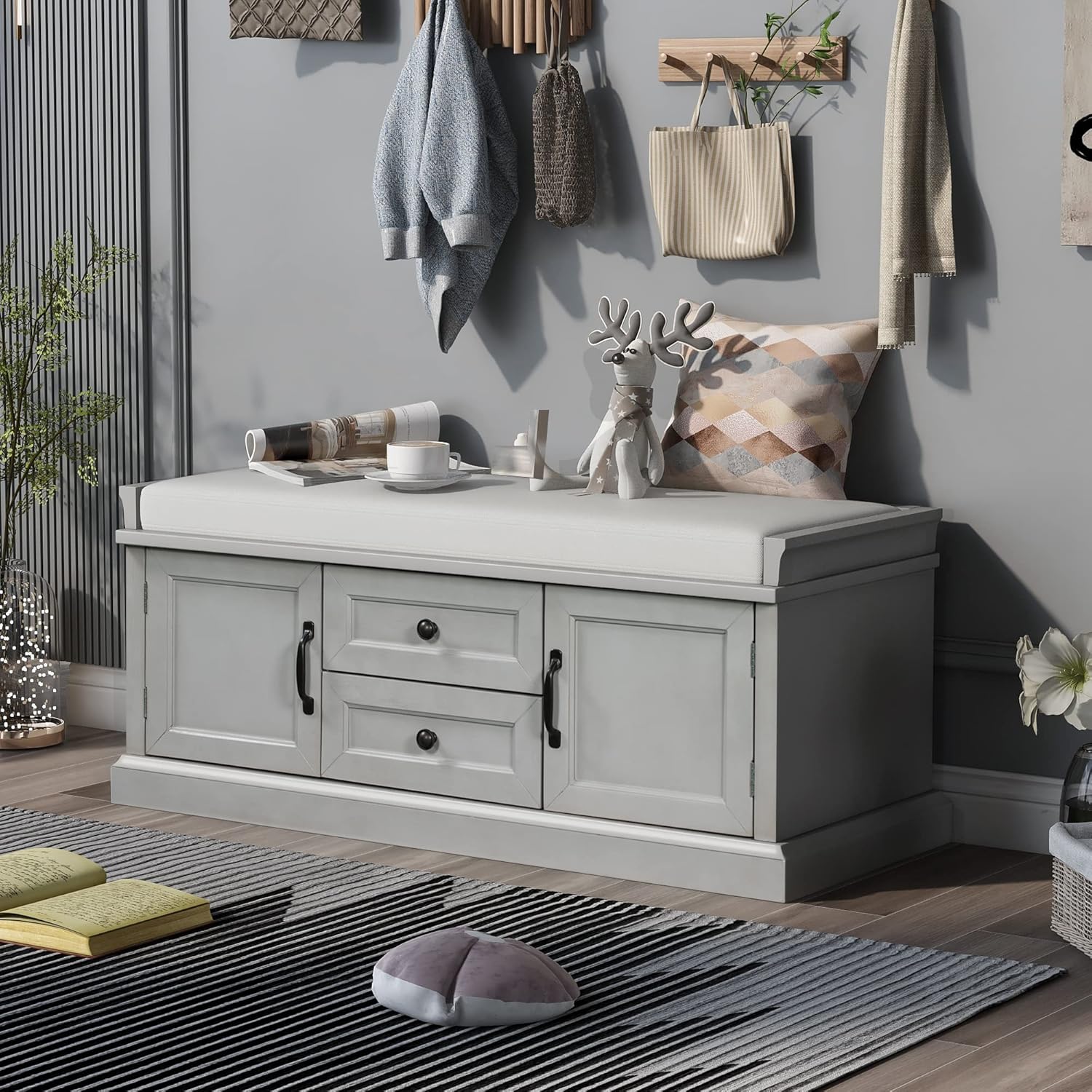 Shoe Storage Bench with 2 Drawers and 2 Cabinets, Pine Wood Shoe Bench with Removable Cushion for Living Room, Entryway 42.5" L x 15.9" W x 17.5" H (Gray Wash)