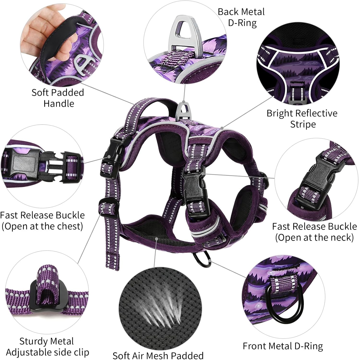 Timos Dog Harness,No-Pull Pet Harness Adjustable Soft Padded Dog Vest,Reflective No-Choke Pet Oxford Vest with Easy Control Handle for X-Small Dogs,Moon Night,XS