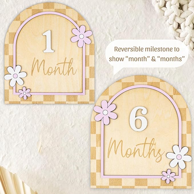 Daisy Flower Baby Monthly Milestone Cards - Wooden Monthly Milestone Double Sign - Newborn Photography Props to Document Your Baby´s Growth - Baby Announcement Sign (B10)