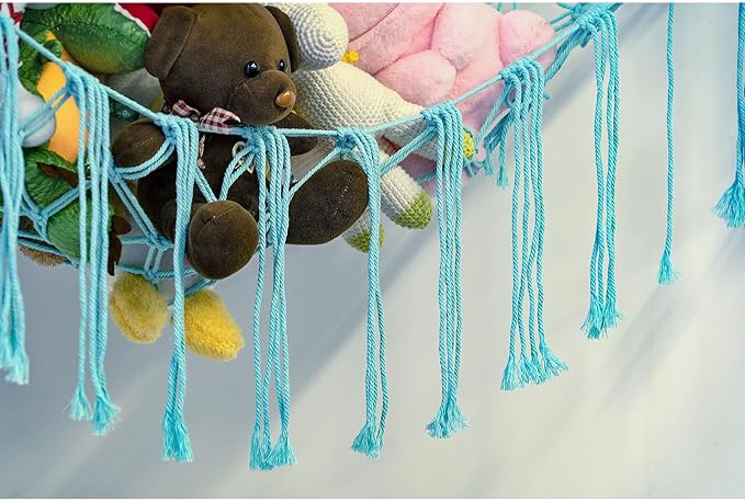Stuffed Animal Hammock Corner, Hand-knitted Large Plushie Net Toy Hammock with Wooden Rings | Boho Cute Stuff Animal Storage for Nursery & Bedroom | Mesh Kids Toy Organizer Holder Nursery Room Decor