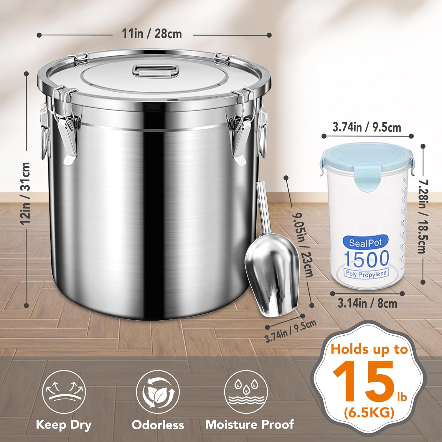 Dog Food Storage Containers, Large Stainless Steel Pet Food Storage Containers 15 lb / 6.5 kg to Keep Fresh, Metal Airtight Cat Food Containers With Scoop and 2 Small Containers