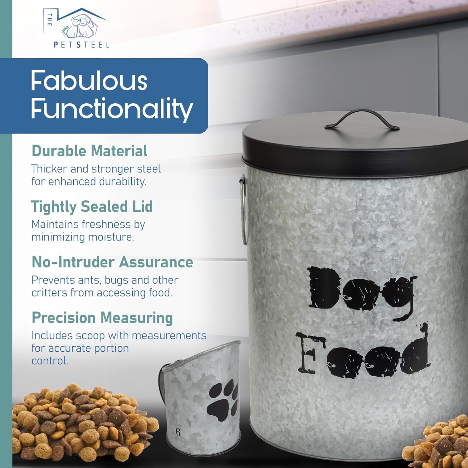 Small Dog 20lb Pet Food Storage Canister Dog Bin with Scoop – Durable & Airtight for Freshnesss, Minimalist Design & Recyclable, Small Metal Container for Kitchen Countertop