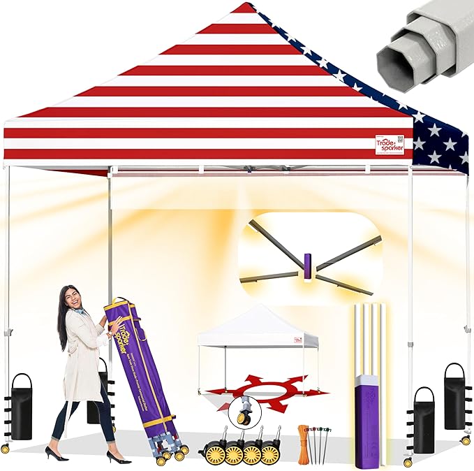 Tradesparker 10x10 Pop Up Canopy Tent,Commercial Movable Canopy with ApexCore LED & Rugged Casters-Instant Easy Setup Shelter Canopies with Weight Bags & Stakes for Oudoor Events Markets Vendors