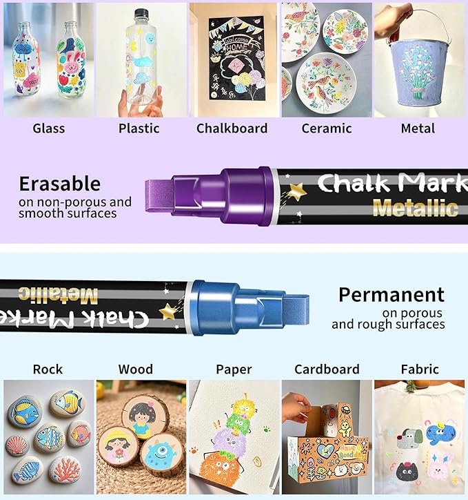 Liquid Chalk Markers for Blackboard, 8 Metallic Color Dry Erase Marker Pens with 10mm 3 in 1 Reversible Tip, Washable Chalkboard Markers Car Window Paint Pens for Christmas Glass Mirror Decor for Kids