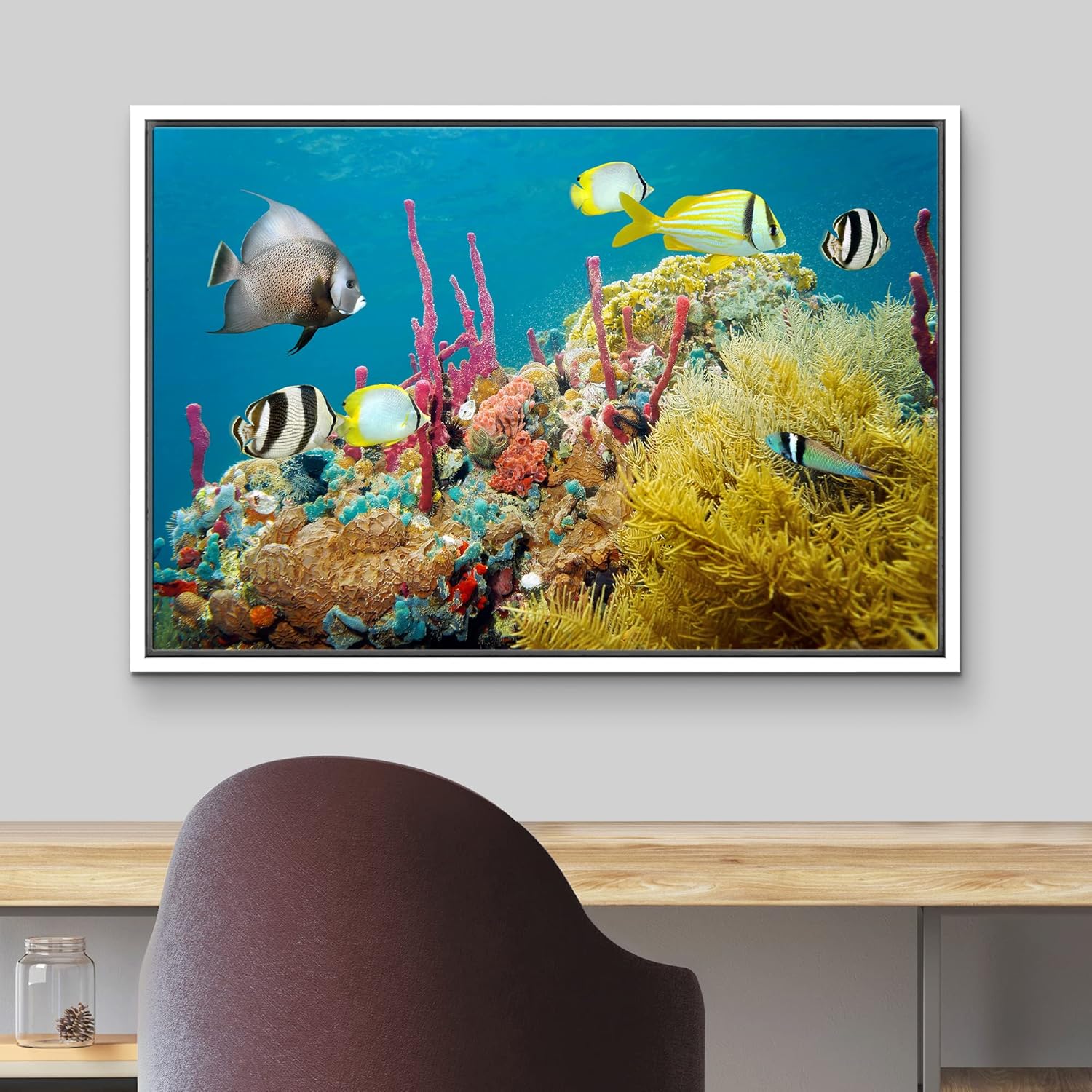 wall26 Framed Canvas Print Wall Art Deep Sea Marine Fish with Coral Reef Nature Ocean Photography Realism Nautical Scenic Relax/Calm Multicolor Ultra for Living Room, Bedroom, Office - 16"x24" White