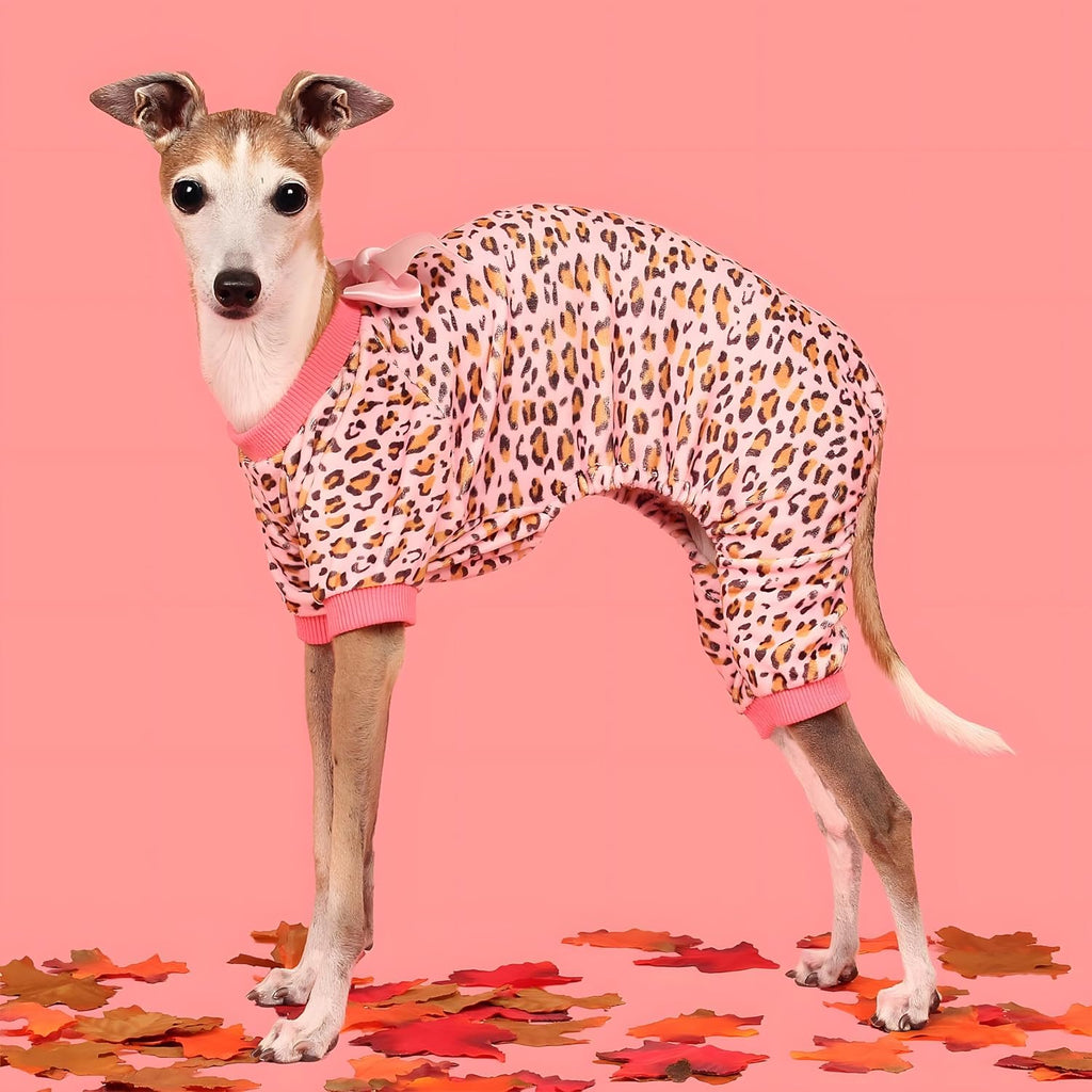 Fitwarm Leopard Dog Pajamas, Fleece Dog Clothes for Small Dogs Girl with Legs, Pet Onesie, Cat Outfit, Pink, XL